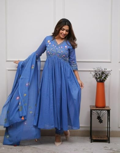 Embroidery and Sequence Heavy Work Kurta Pant with Brush Print Dupatta set, Blue