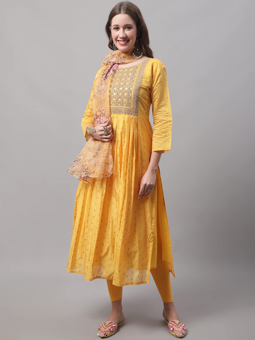 Chanderi Modal Butti Kurta with Stretchable Leggings & Organza Dupatta Set (Yellow_Large)