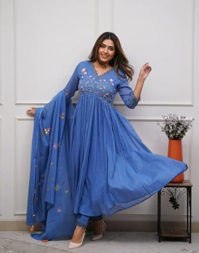 Embroidery and Sequence Heavy Work Kurta Pant with Brush Print Dupatta set, Blue