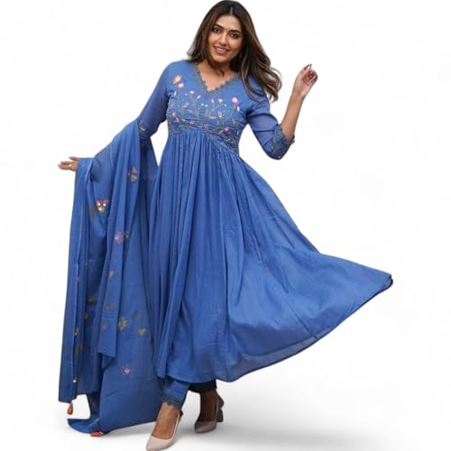 Embroidery and Sequence Heavy Work Kurta Pant with Brush Print Dupatta set, Blue