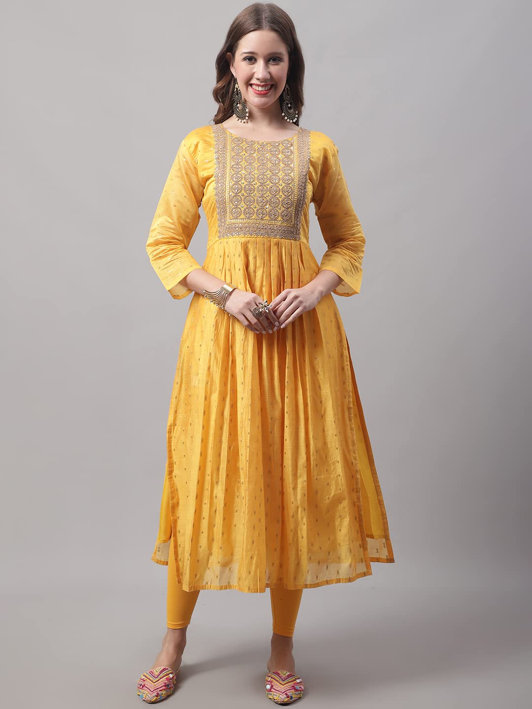 Chanderi Modal Butti Kurta with Stretchable Leggings & Organza Dupatta Set (Yellow_Large)