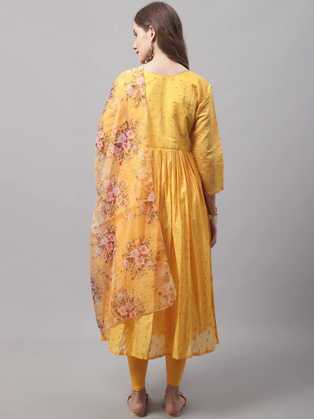 Chanderi Modal Butti Kurta with Stretchable Leggings & Organza Dupatta Set (Yellow_Large)