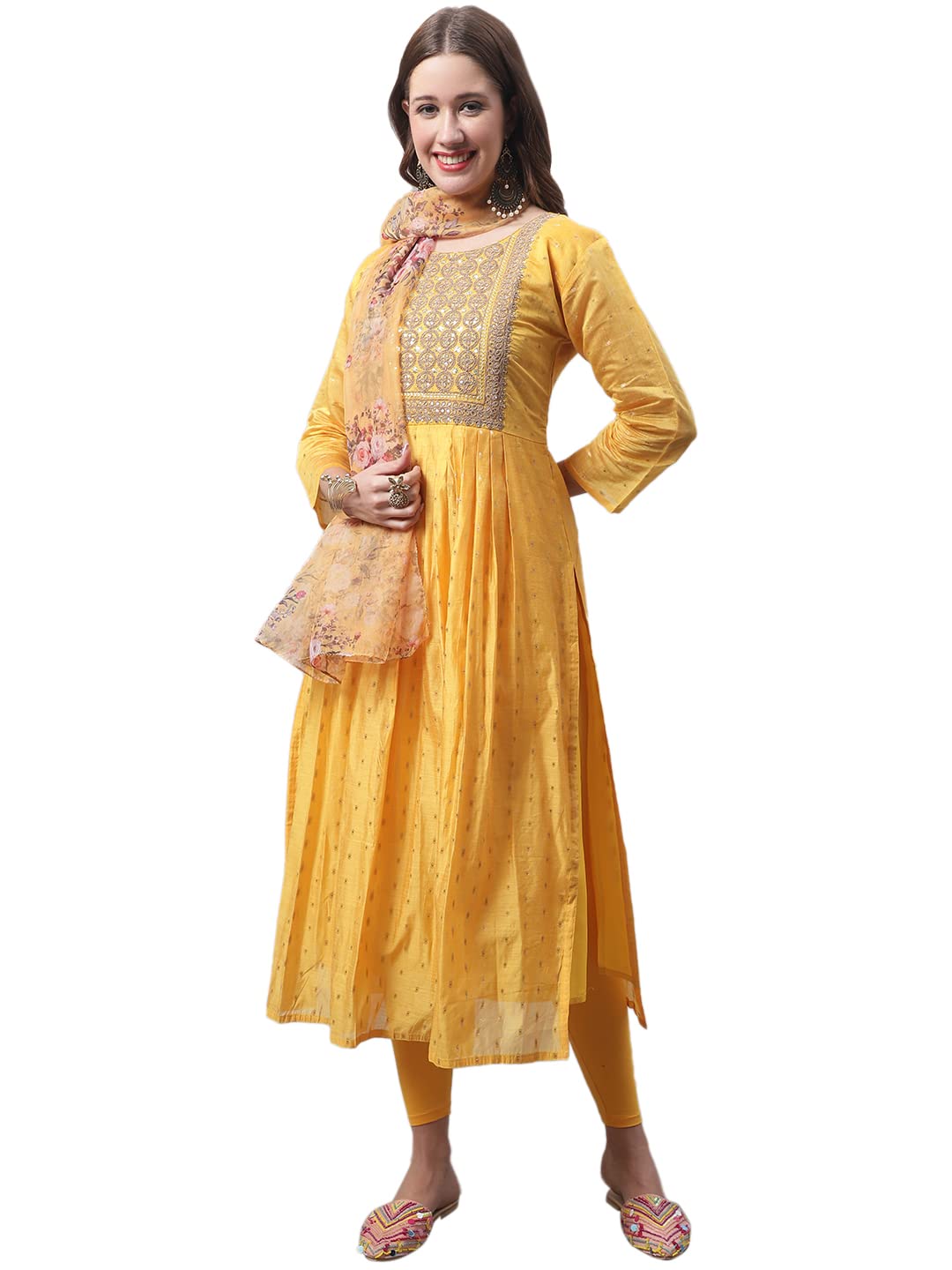 Chanderi Modal Butti Kurta with Stretchable Leggings & Organza Dupatta Set (Yellow_Large)