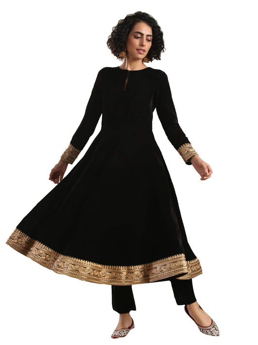 Velvet Embroidered Anarkali Kurta Kurtis Dress For Women Tops Tunic, Black, Large