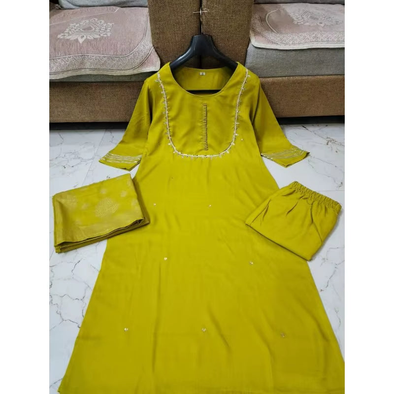 Yellow Color Wedding Birthday Haldi Partywear Salwar Suit Kurti Pant & Dupatta