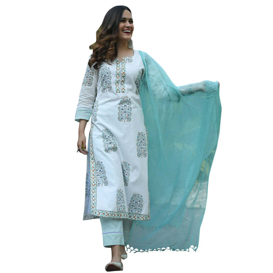 Pure Cotton Printed Straight Kurta With Pant & Dupatta Set