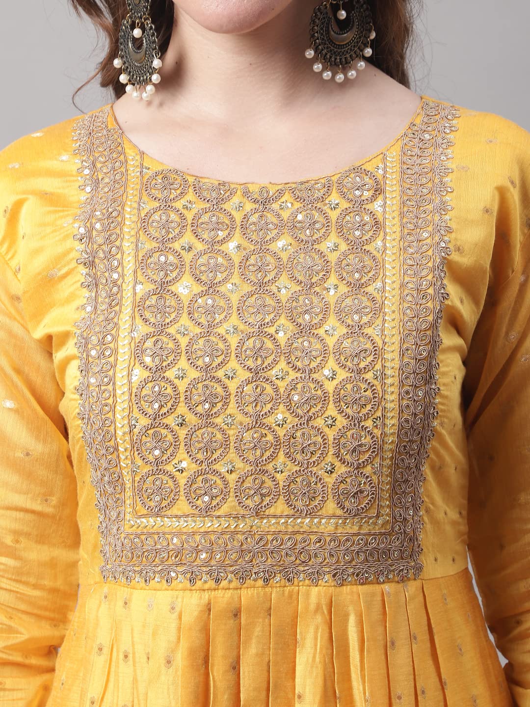 Chanderi Modal Butti Kurta with Stretchable Leggings & Organza Dupatta Set (Yellow_Large)