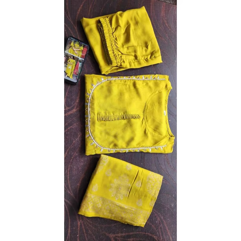 Yellow Color Wedding Birthday Haldi Partywear Salwar Suit Kurti Pant & Dupatta